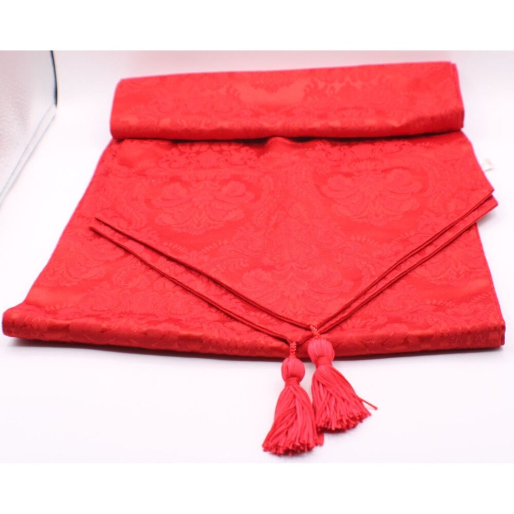 Vintage 1992 Bright Red Jacquard Table Runner With Tassels Cotton Poly 92x14"